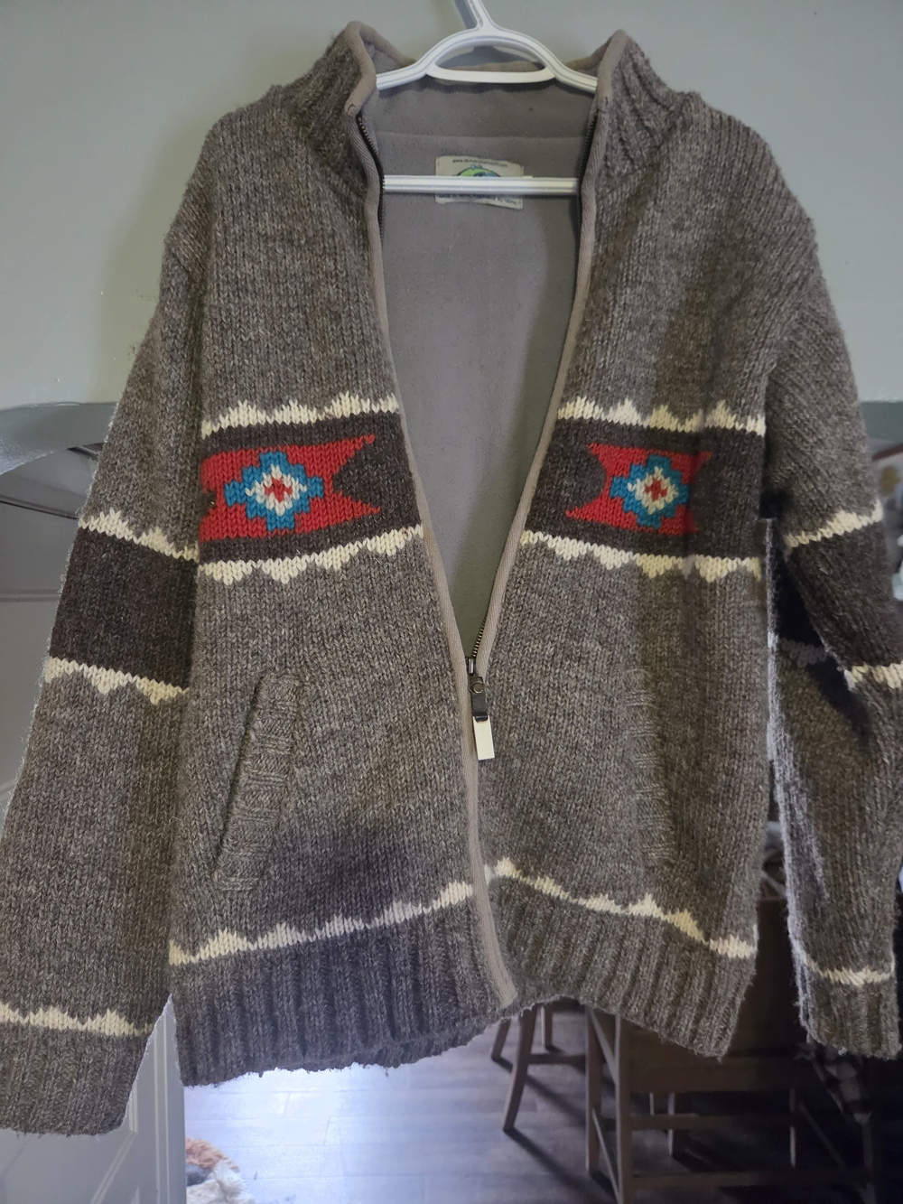Men's Gray Zip-Front Southwestern Pattern Wool Sweater